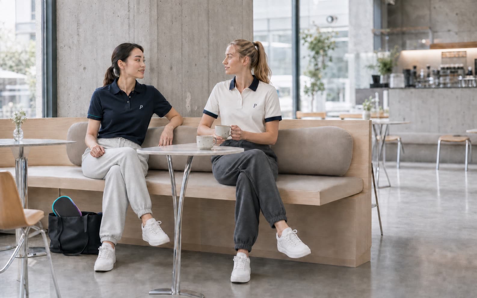 Court Poloとスウェットでカフェに立ち寄る二人の女性