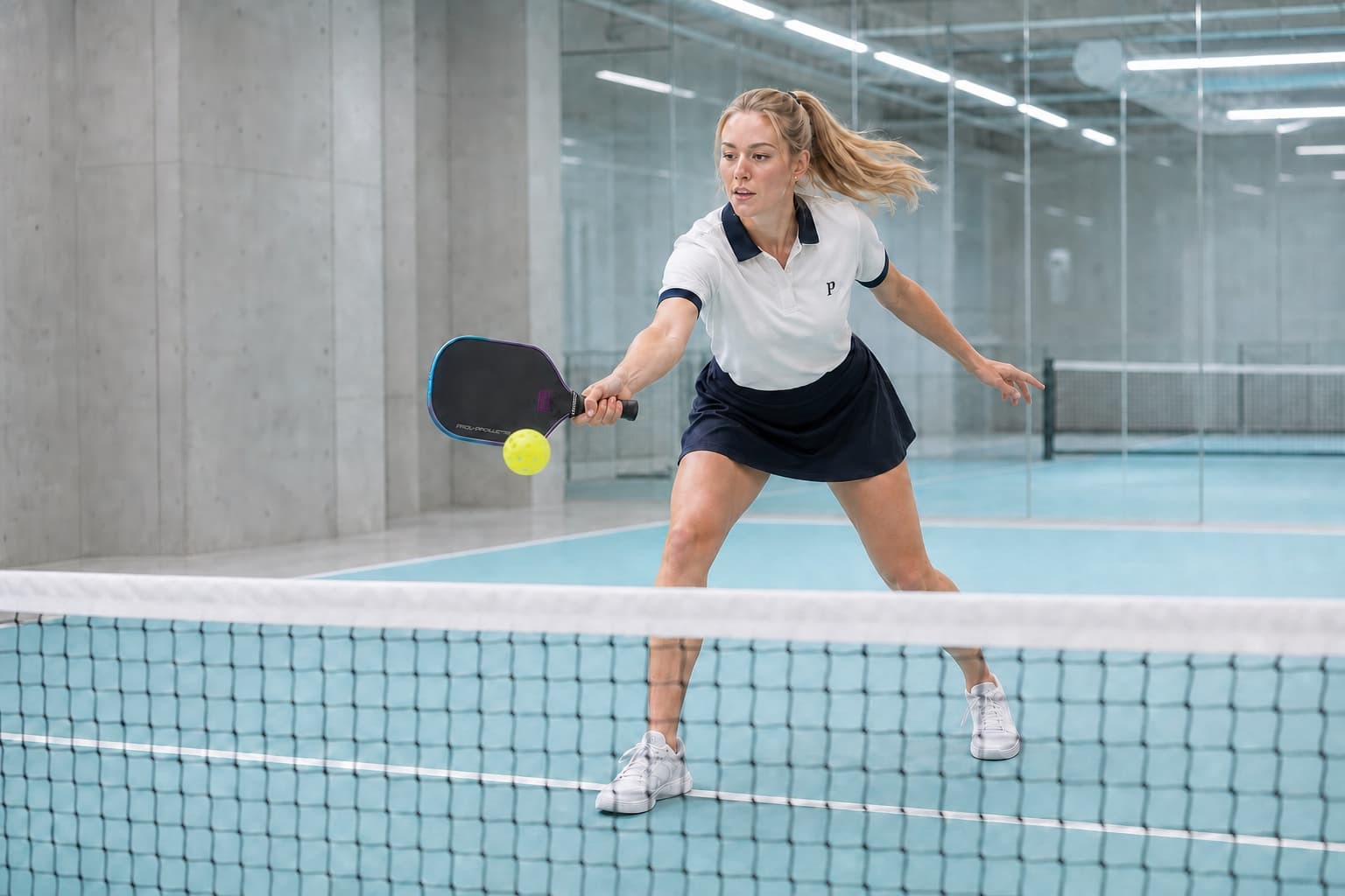ネット越しにフォアハンドのディンクを返すCourt Polo姿の女性