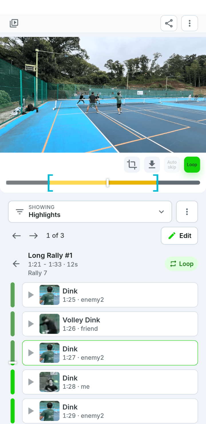 PB Visionで試合動画とショットのタイムラインを表示したスマートフォン画面