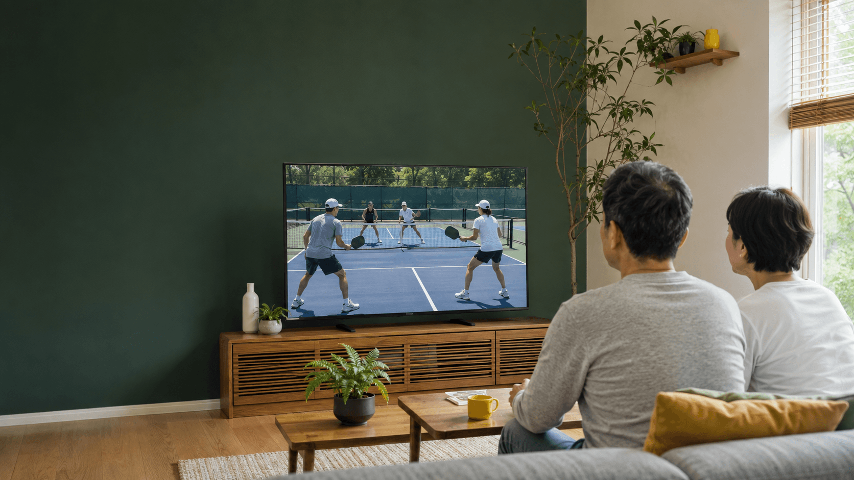 テレビでピックルボールを見る夫婦